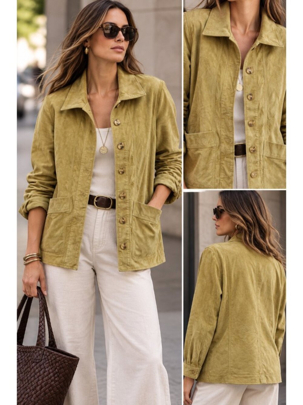 The Bombay Leather Co Genuine Suede Leather Jacket Olive Green XL Button Front